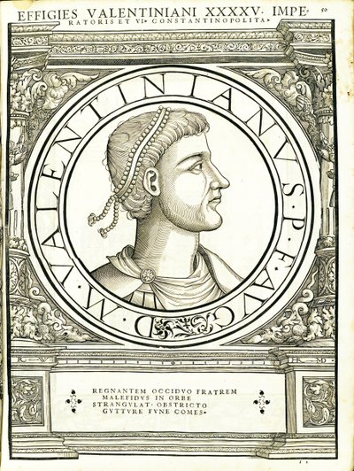 Valentiniano el Joven, ilustración de Imperatorum romanorum omnium orientalium et occidentalium verissimae imagines ex antiquis numismatis de Hans Rudolf Manuel Deutsch